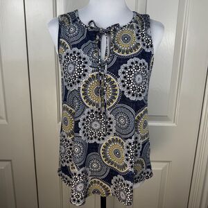 SJS Women Top Sz S Textured Blue White Yellow Paisley Sleeveless  Tie Closure